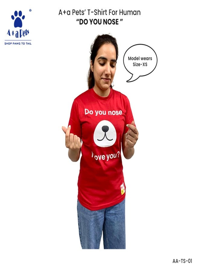 A+a Pets' Graphic Printed 'Do Your Nose I Love You' Premium T-Shirt for Human(Unisex) & Pets(Dog & Cat) Half Sleeve Round Neck Costumes | Cotton (BrownH - RedP) (Human - M, Pet - XS, RedH BlackP) - Image 2